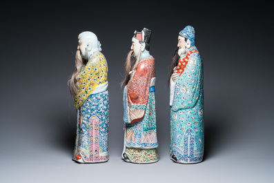 Three Chinese famille rose figures of star gods, Zhu Rong Ji Zao 朱榮記造 mark, 19/20th C.