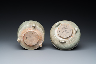 A Chinese Longquan celadon 'twin fish' dish and two censers, Song and/or later