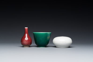A Chinese monochrome copper-red vase, a green anhua 'dragon' cup and a white-glazed box and cover, 19/20th C.
