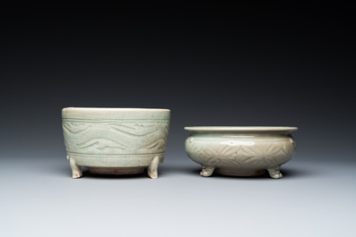 A Chinese Longquan celadon 'twin fish' dish and two censers, Song and/or later