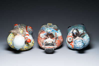Three Chinese famille rose figures of star gods, Zhu Rong Ji Zao 朱榮記造 mark, 19/20th C.