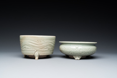 A Chinese Longquan celadon 'twin fish' dish and two censers, Song and/or later