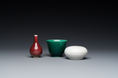 A Chinese monochrome copper-red vase, a green anhua 'dragon' cup and a white-glazed box and cover, 19/20th C.