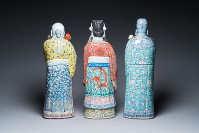Three Chinese famille rose figures of star gods, Zhu Rong Ji Zao 朱榮記造 mark, 19/20th C.