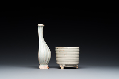 A Chinese qingbai wall pocket vase and a three-legged incense burner, Song