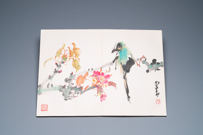 Chinese school: An album of twelve paintings with signatures of celebrities, a.o. Zhao Shaoang 趙少昂, ink and colour on paper, dated 1944