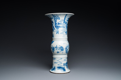 A Chinese blue and white 'gu' vase with figurative design, probably Kangxi