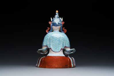 A Chinese famille rose sculpture of Buddha Amitayus on stand, 19/20th C.