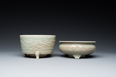 A Chinese Longquan celadon 'twin fish' dish and two censers, Song and/or later