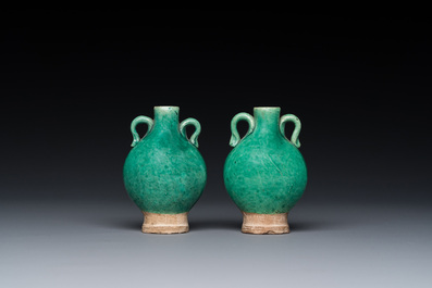 A pair of Chinese green-glazed miniature vases, Ming