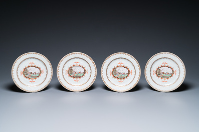 19 Chinese famille rose Meissen-stijl borden en schotels met decor van een ruiter, Qianlong