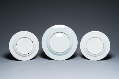 19 Chinese famille rose Meissen-stijl borden en schotels met decor van een ruiter, Qianlong