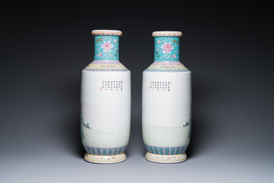Een paar Chinese famille rose rouleau vazen, Qianlong merk, Republiek