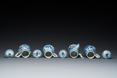 A rare Chinese blue and white set of two jugs and two casters on stand, Qianlong