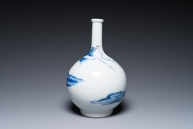 A Japanese blue and white bottle vase with a lady in a landscape, Edo, 17/18th C.
