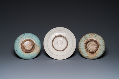 Five blue and white and polychrome Islamic pottery dishes, Qajar, Persia, 19th C.