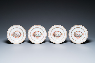 19 Chinese famille rose Meissen-stijl borden en schotels met decor van een ruiter, Qianlong