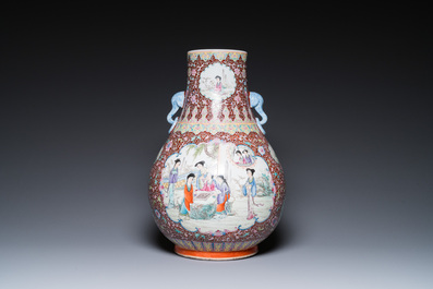 A Chinese famille rose 'hu' vase and a pair of fish bowls, 20th C.