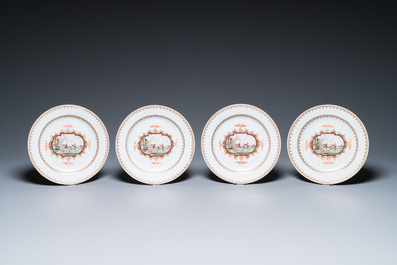 19 Chinese famille rose Meissen-stijl borden en schotels met decor van een ruiter, Qianlong
