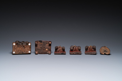 Six Chinese partly gilded wooden sculptures of dignitaries and guards, Ming and later