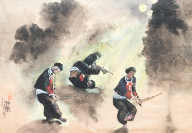 Pham Minh Duc (Vietnam, 20e eeuw): Vier diverse landschappen met figuren, inkt en kleur op papier