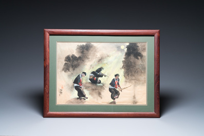 Pham Minh Duc (Vietnam, 20e eeuw): Vier diverse landschappen met figuren, inkt en kleur op papier