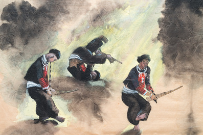 Pham Minh Duc (Vietnam, 20e eeuw): Vier diverse landschappen met figuren, inkt en kleur op papier