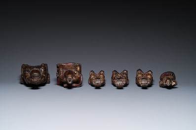 Six Chinese partly gilded wooden sculptures of dignitaries and guards, Ming and later