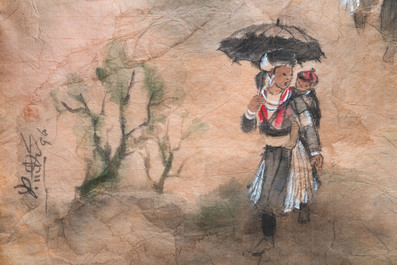 Pham Minh Duc (Vietnam, 20e eeuw): Vier diverse landschappen met figuren, inkt en kleur op papier