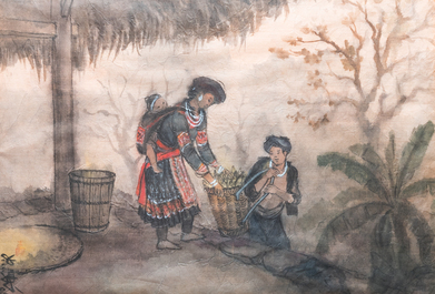 Pham Minh Duc (Vietnam, 20e eeuw): Vier diverse landschappen met figuren, inkt en kleur op papier