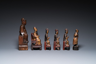Six Chinese partly gilded wooden sculptures of dignitaries and guards, Ming and later