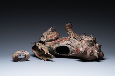 A large Chinese bronze Buddhist lion censer, probably Ming