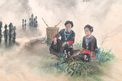 Pham Minh Duc (Vietnam, 20e eeuw): Vier diverse landschappen met figuren, inkt en kleur op papier