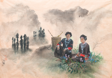Pham Minh Duc (Vietnam, 20e eeuw): Vier diverse landschappen met figuren, inkt en kleur op papier