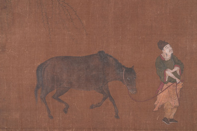Bo Yuan 伯遠: 'A groom leads a horse', ink and colour on silk, probably Ming