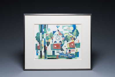 Kho Khiem Bing (Vietnam, 1917-): 'Zicht op dorp met landbouwer', olie op karton
