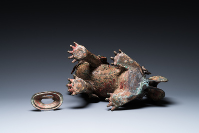 A large Chinese bronze Buddhist lion censer, probably Ming