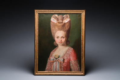 Ecole fran&ccedil;aise: Portrait de Mademoiselle de Mirabelle, huile sur toile, 18&egrave;me