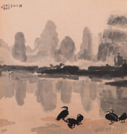 Xu Beihong 徐悲鴻 (1895-1953): 'Landschap met zes aalscholvers&rsquo;, houtsnede door Rong Bao Zhai, 20e eeuw