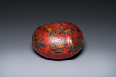 A Chinese peach-shaped painted lacquer box and cover, Qing