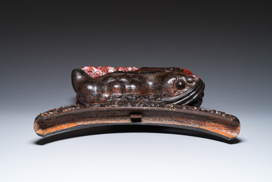 A large Chinese lacquered wooden stand in the shape of a three-legged toad, Ming