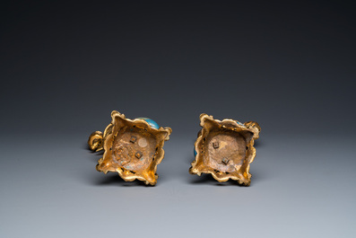 A pair of Chinese cloisonn&eacute; cranes with gilt bronze candelabra mounts, 18/19th C.
