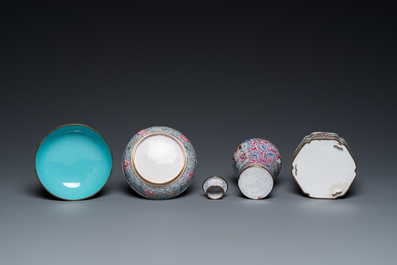 A Chinese Canton enamel covered vase, a covered bowl and a tea caddy, Qianlong