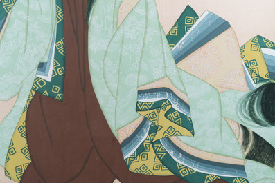 Japanse school, navolger van  Uemura Shoen (1875-1949): 'Jonge vrouw met bloemenmand', Showa, 20e eeuw