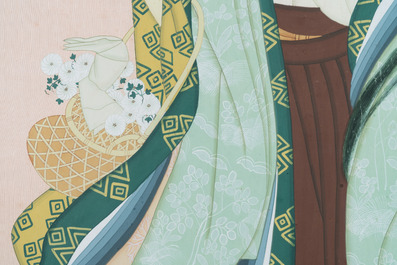 Japanse school, navolger van  Uemura Shoen (1875-1949): 'Jonge vrouw met bloemenmand', Showa, 20e eeuw
