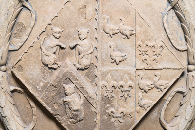 Two Belgian or French armorial architectural fa&ccedil;ade fragments, one dated 1602 but probably later