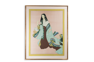 Japanse school, navolger van  Uemura Shoen (1875-1949): 'Jonge vrouw met bloemenmand', Showa, 20e eeuw