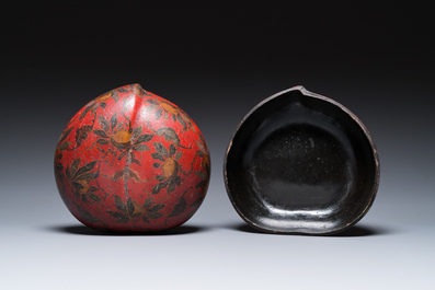A Chinese peach-shaped painted lacquer box and cover, Qing