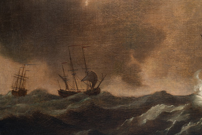Navolger van Willem van de Velde (1633-1707): 'Marine met vier Britse schepen op zee', olie op doek