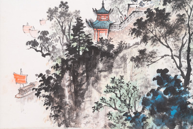 Qian Songyan 錢松嵒 (1899-1986): 'Landschap met moderne gebouwen', inkt en kleur op papier, gedateerd 1974